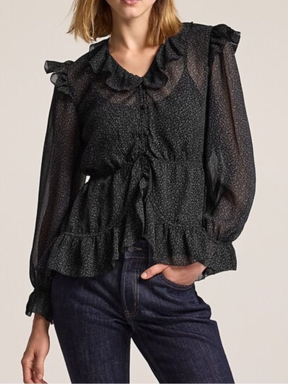 Old Navy Black Sheer Ruffle Button-Front Blouse